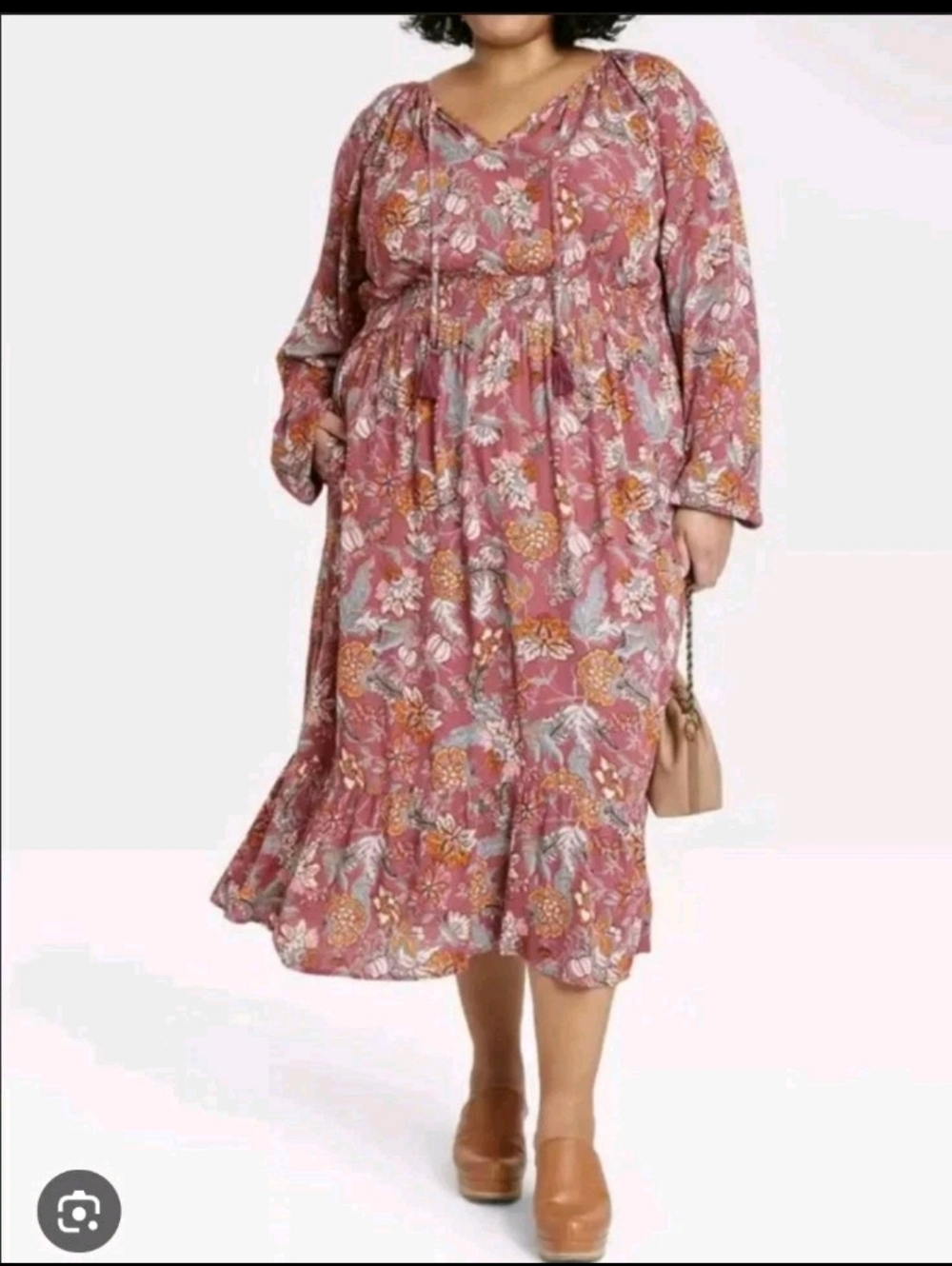 Knox Rose Womens Floral Long Dusty Rose Sleeve Bohemian Midi Dress Size Large